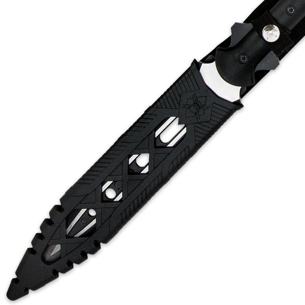 The 10 3/4" cast stainless steel blade is housed in a black Vortec sheath. image number 1