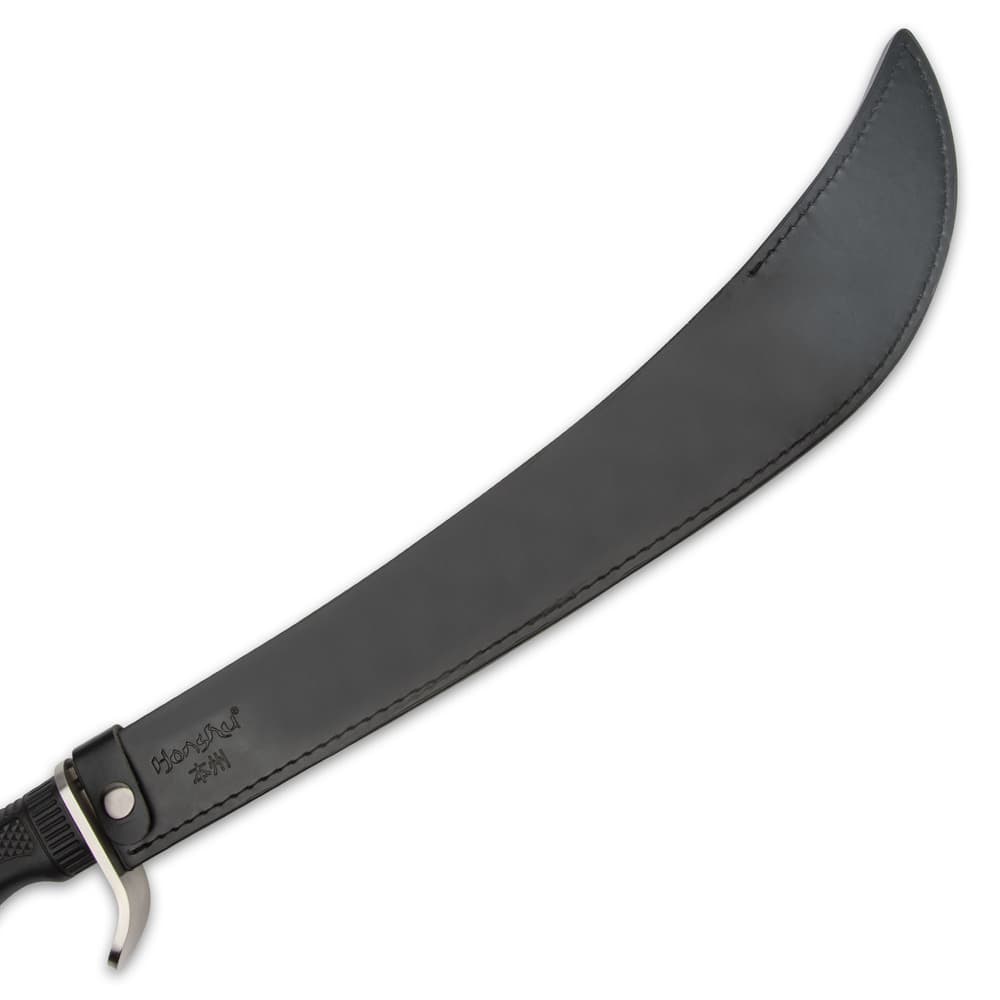 The impressive naginata is 67” in overall length and it comes with a leather blade sheath with a snap strap closure image number 1
