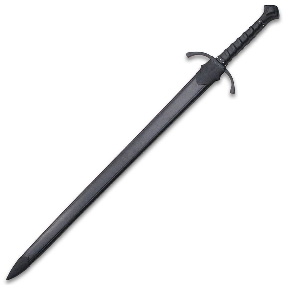 Black war sword with leather wrapped handle is secured in the black scabbard image number 1