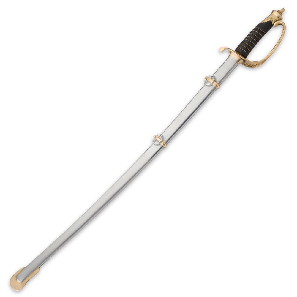 Sword shown inside matching metal scabbard with brass accents and genuine leather wrapped handle. image number 1
