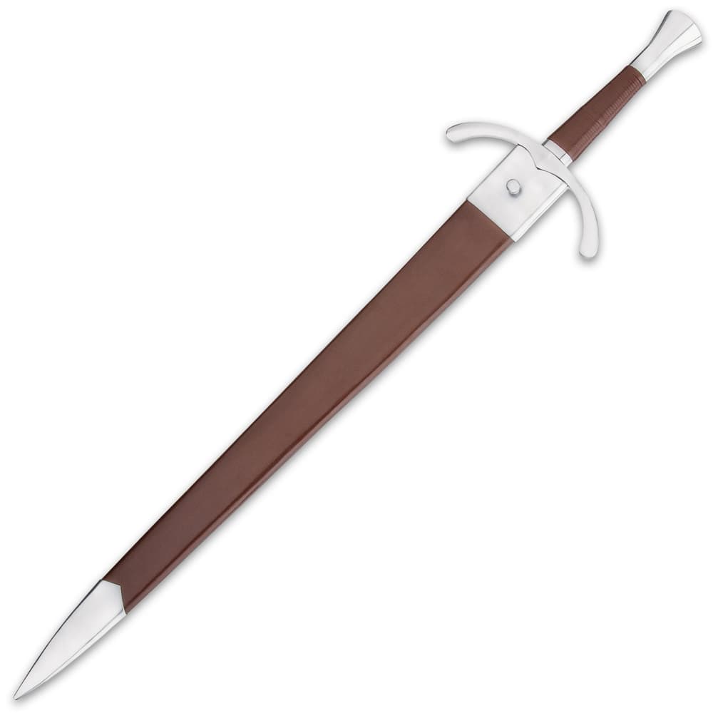 Honshu medieval sword in a smooth brown leather scabbard with polished metal accents on the tip and base image number 1