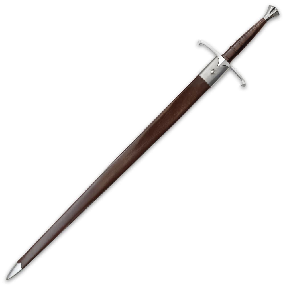 Claymore sword comes encased in a brown leather scabbard with a metal steel handguard and steel polished accents image number 1