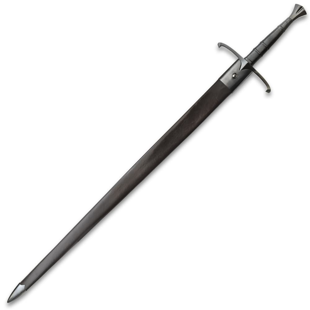 The scabbard is premium black leather with metal accents image number 1