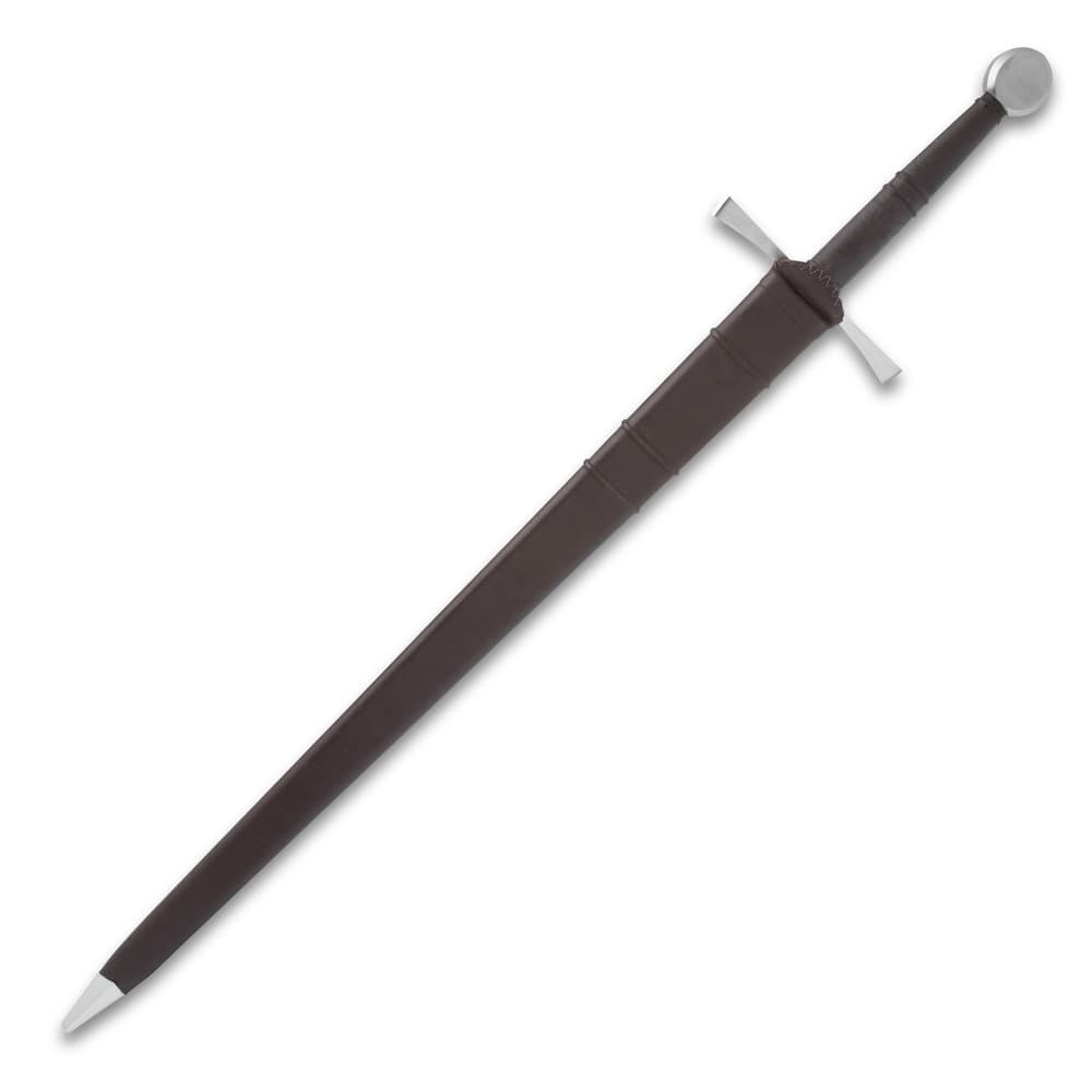 The Honshu Historic Forge 15th Century Bastard Sword is shown in its sheath that is made of wood and leather. image number 1