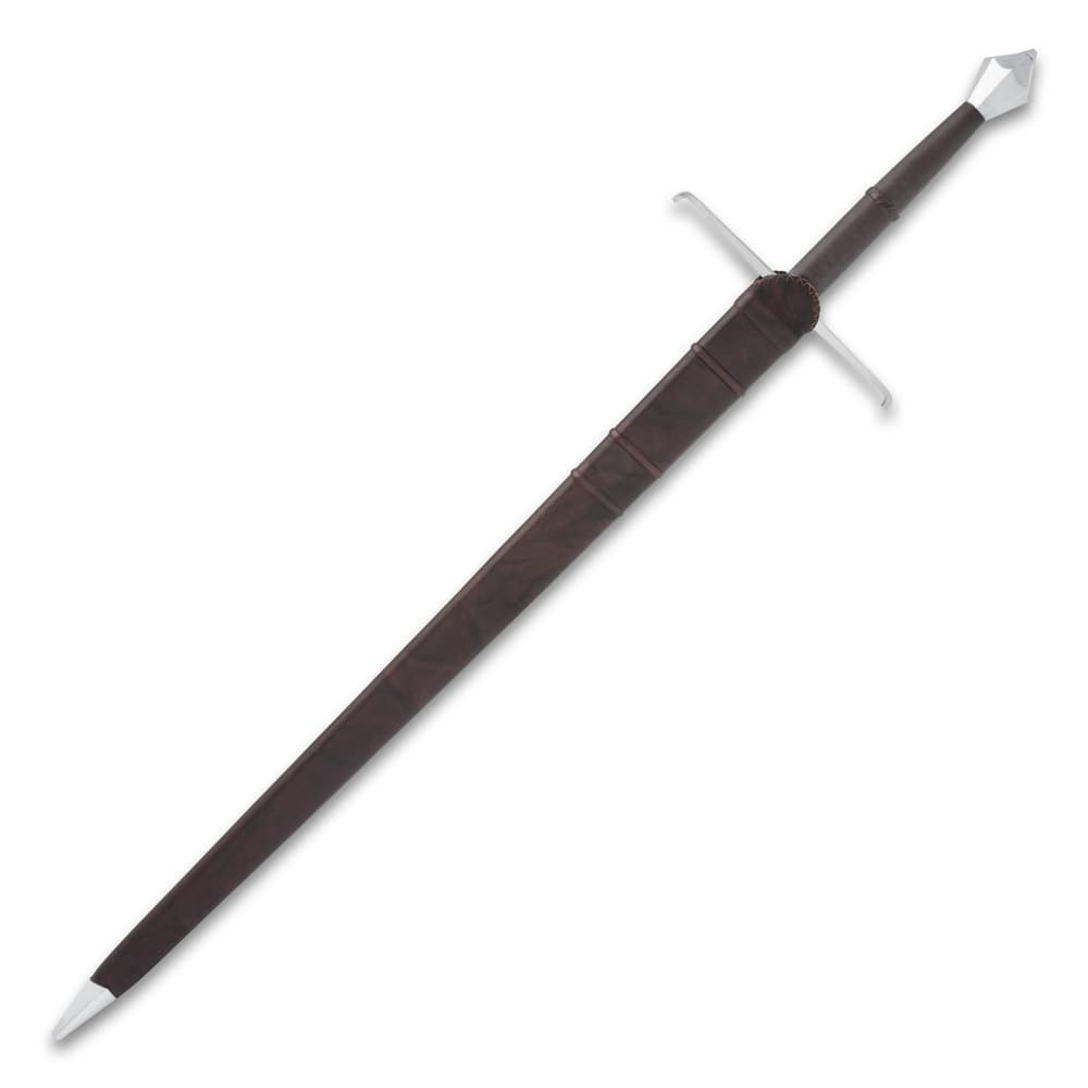 The Italian Long Sword is shown sheathed with metal tip detail. image number 1