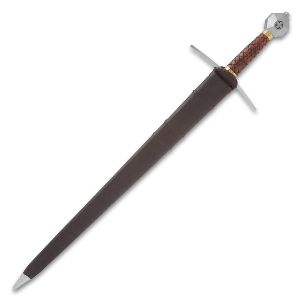 The Honshu Templar Sword is shown housed in its dark brown sheath with metal tip detail. image number 1
