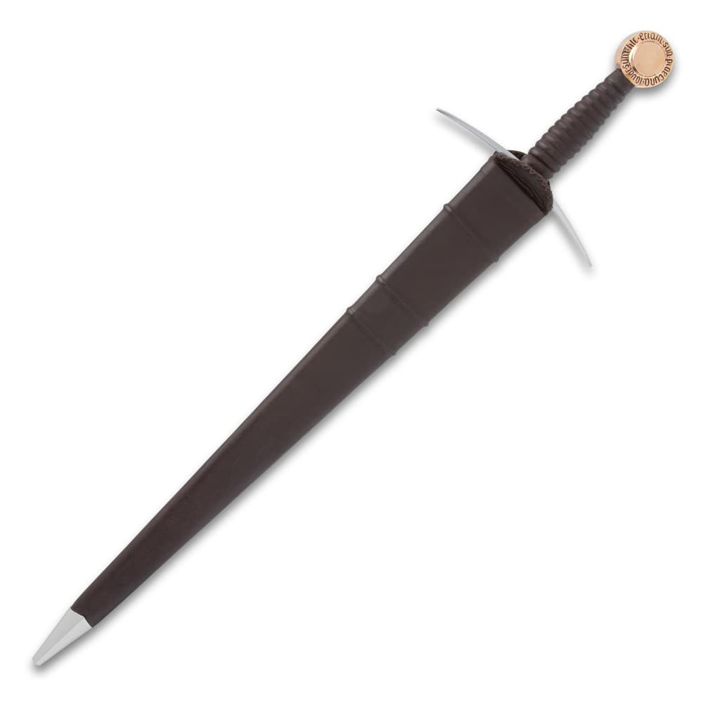 The Oakeshott 14th Century Sword shown in its leather wrapped scabbard with metal tip accent. image number 1