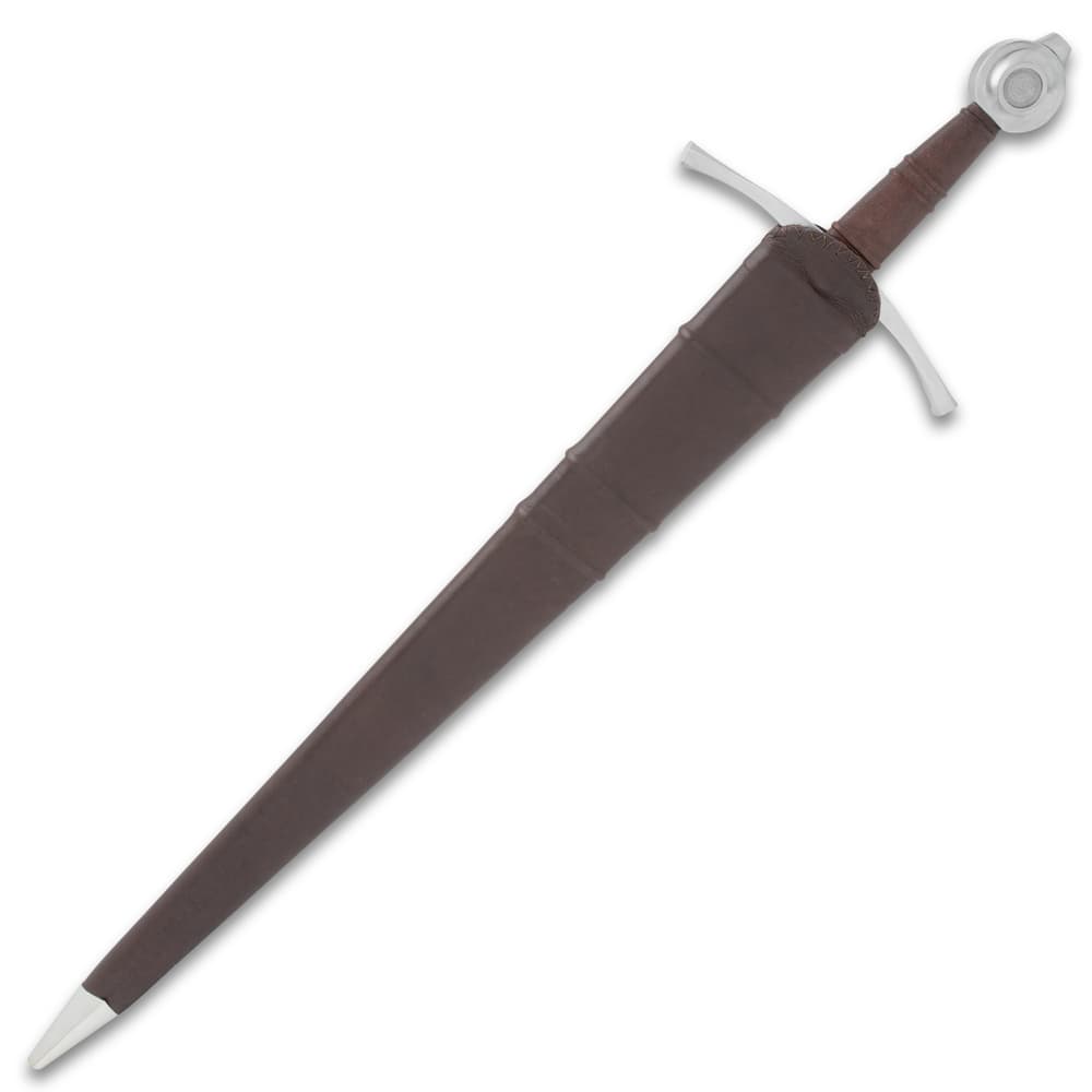 The Honshu Double Fuller Sword is shown secured in its dark brown leather scabbard with metal tip. image number 1