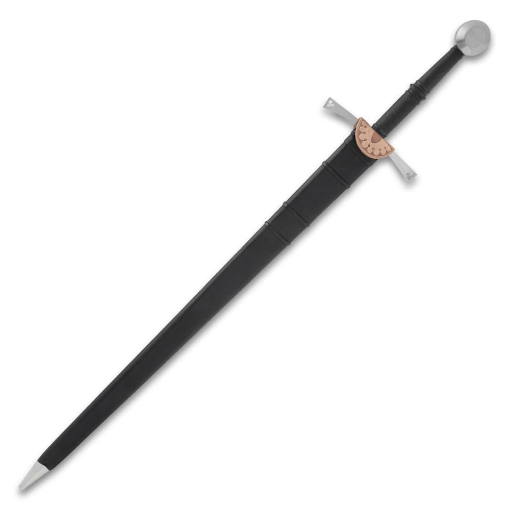The Honshu German Long Sword is shown secured in its black leather sheath. image number 1