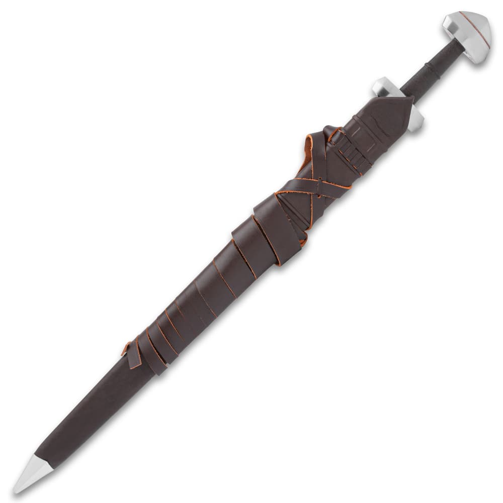 The Honshu Historic Forge Viking Sword is shown in its leather wrapped sheath with matching leather strap and metal tip accent. image number 1