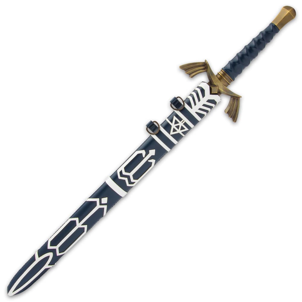 The 37 1/4” overall fantasy sword slides smoothly into its matching, genuine leather-wrapped, hardwood scabbard image number 1