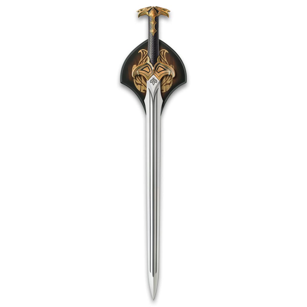 The sword displayed on its wooden wall mount image number 1