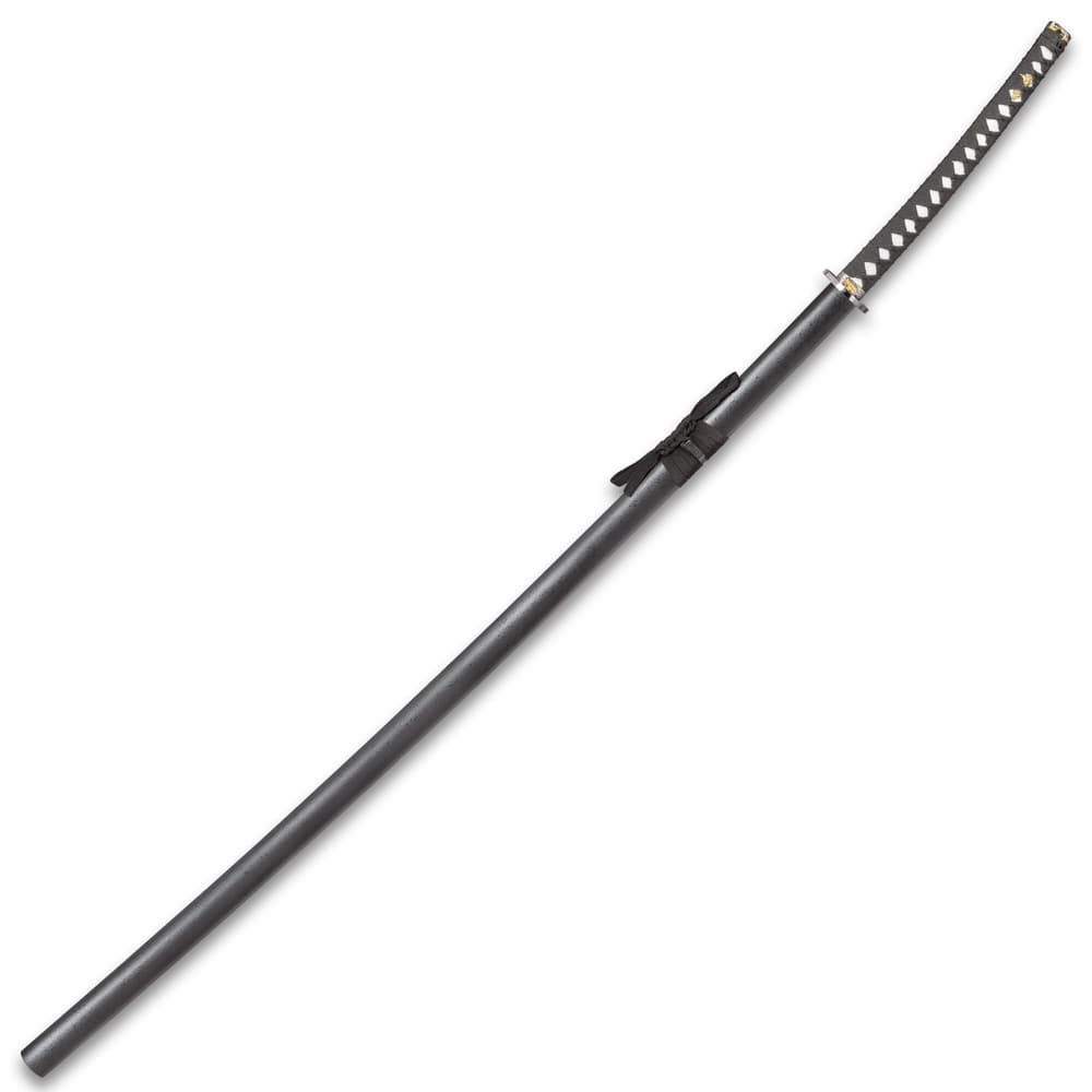 Odachi-style sword inside black wooden scabbard with black cord wrapped around the upper section. image number 1