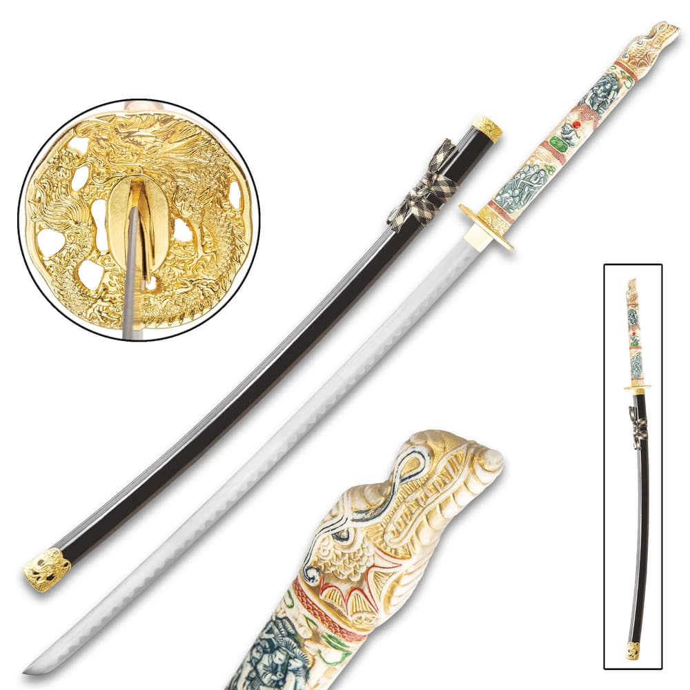 Sword of the Dragon shown next to black lacquered scabbard and view of detailed brass plated tsuba and dragon pommel. image number 1