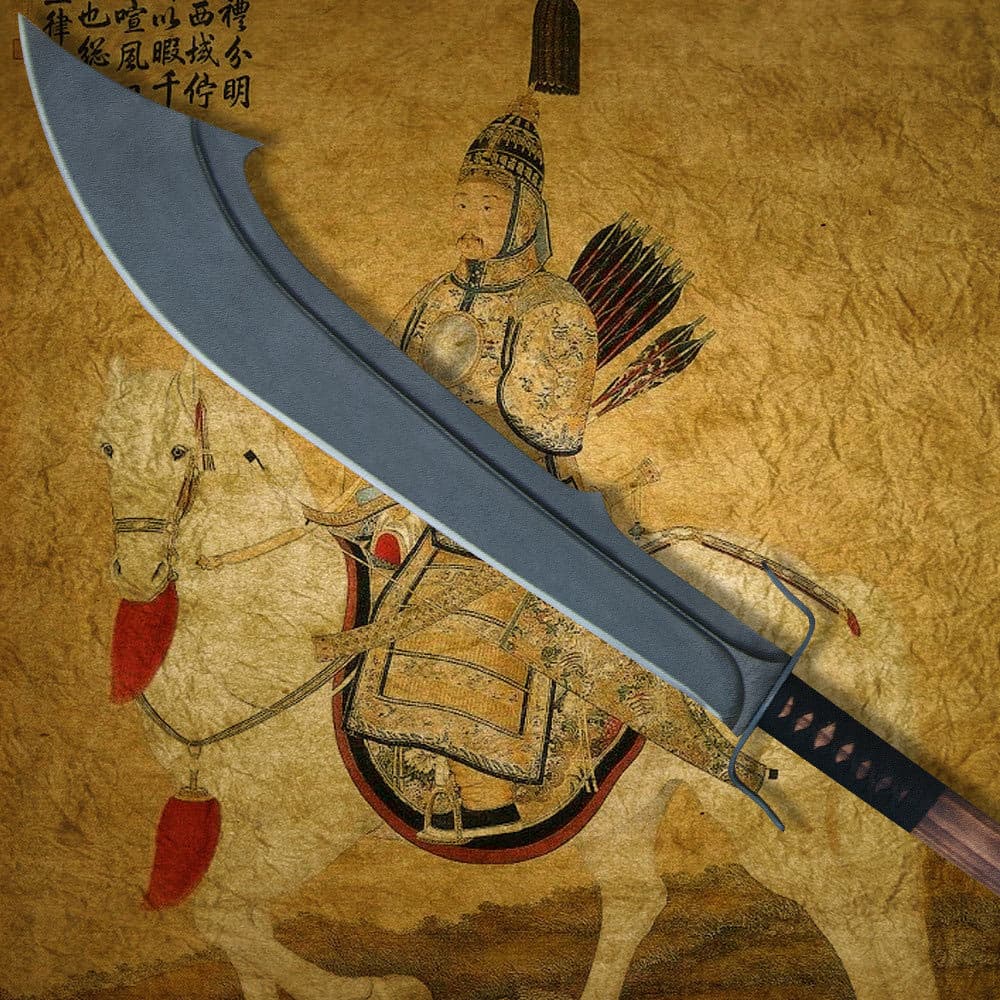 The sword’s curved blade is 25” and made of forged steel, shown on top of Chinese warrior art. image number 1