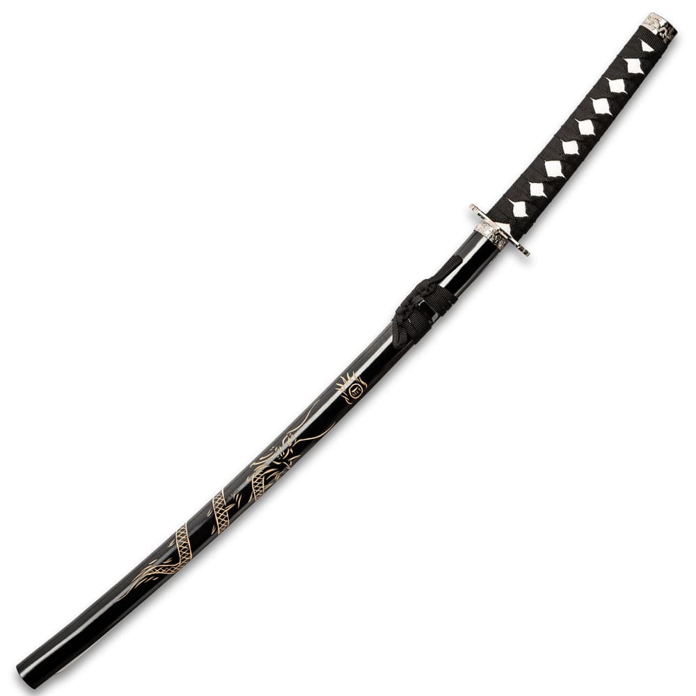 The katana has a black glossy scabbard with dragon design painted on the side. image number 1