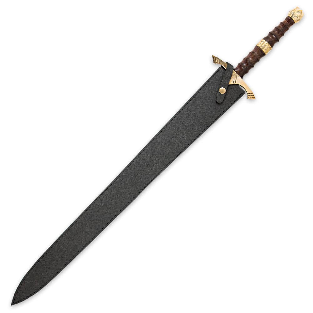 Sword shown strapped into a black leather sheath. image number 1