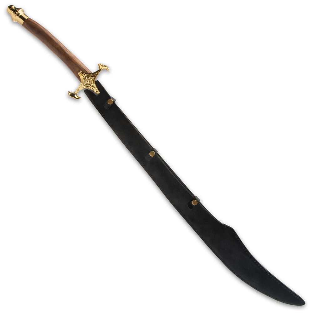 The shamshir is shown inside a dark leather scabbard, uniquely shaped for the curve of the blade. image number 1