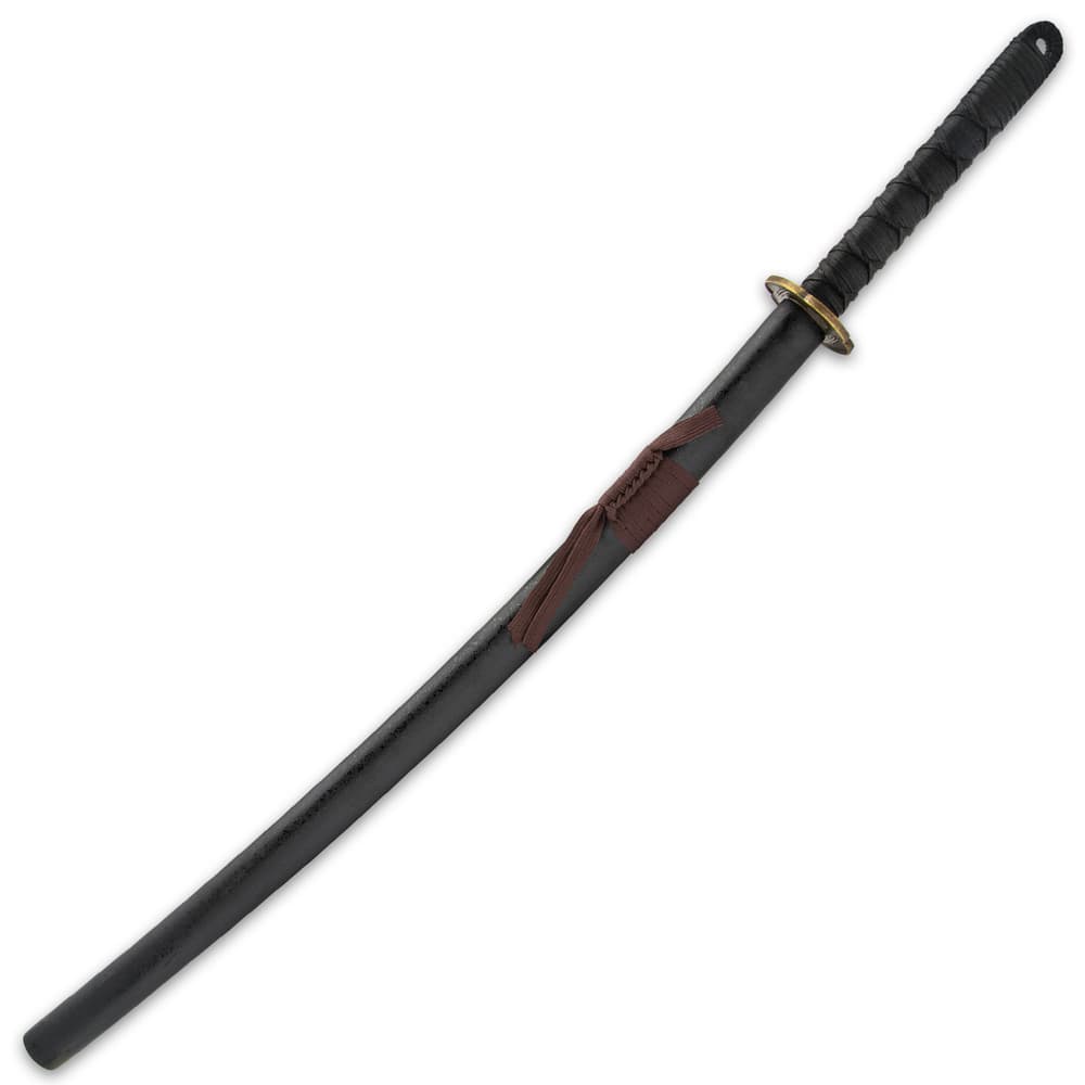 The 38 1/4” overall sword can be stored and carried in its textured, black matte scabbard, which has brown cord-wrap image number 1