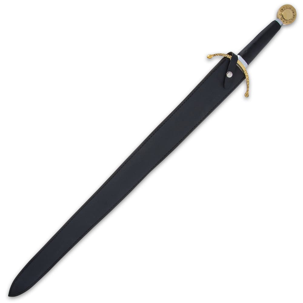 The 40 1/2” overall great sword slides smoothly into its genuine, black leather scabbard, which has a belt loop image number 1