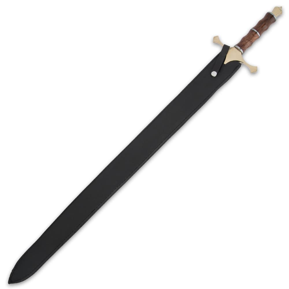 The 40 1/2” overall length reproduction sword slides into its genuine, premium leather scabbard, which has a belt loop image number 1