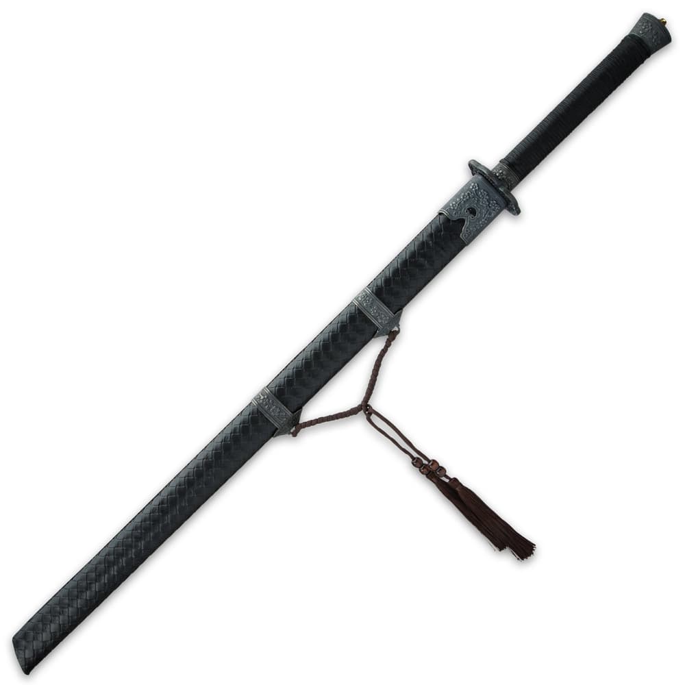 The 44” overall katana fits like a glove in its faux leather wrapped wooden scabbard, which has a sword hanger image number 1