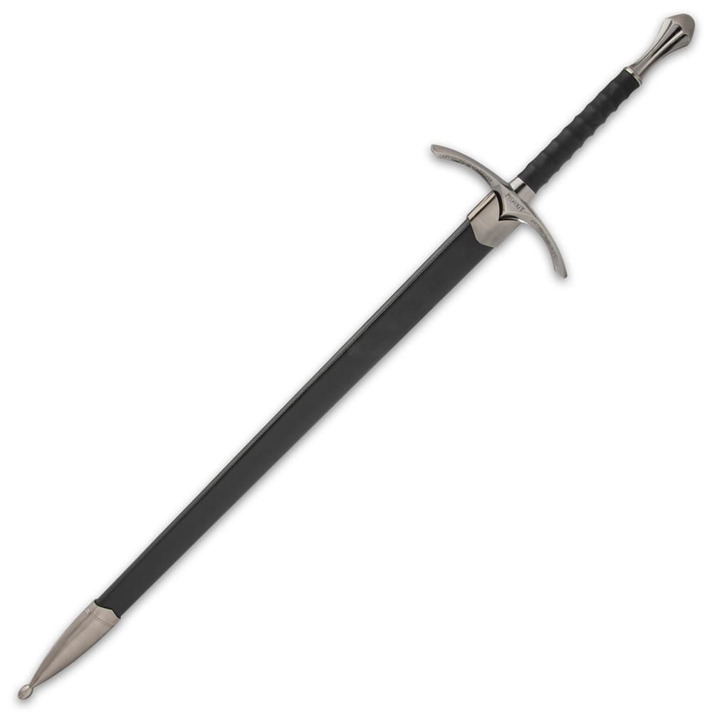 The 37 3/4” overall sword can be stored in its black leather sheath, accented with a pewter-colored alloy mouth and tip image number 1