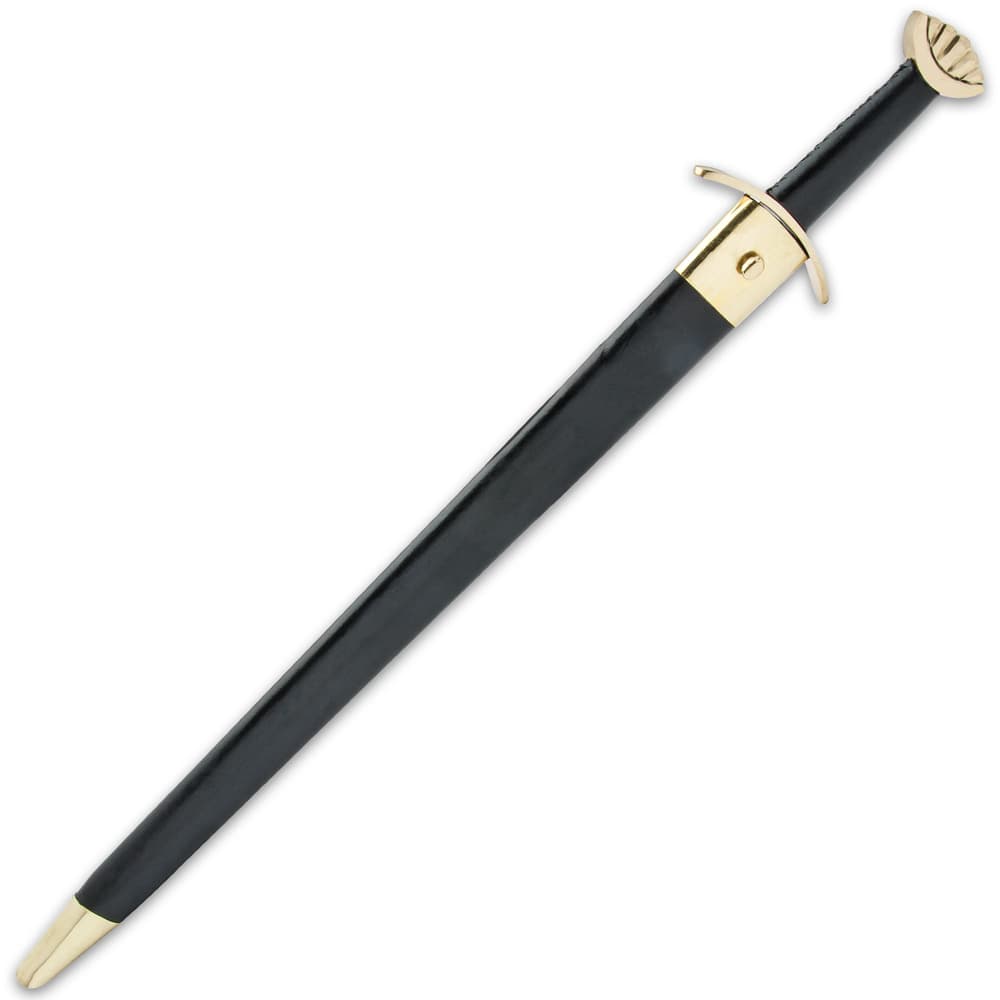 Long sword inside black leather scabbard with brass accents. image number 1