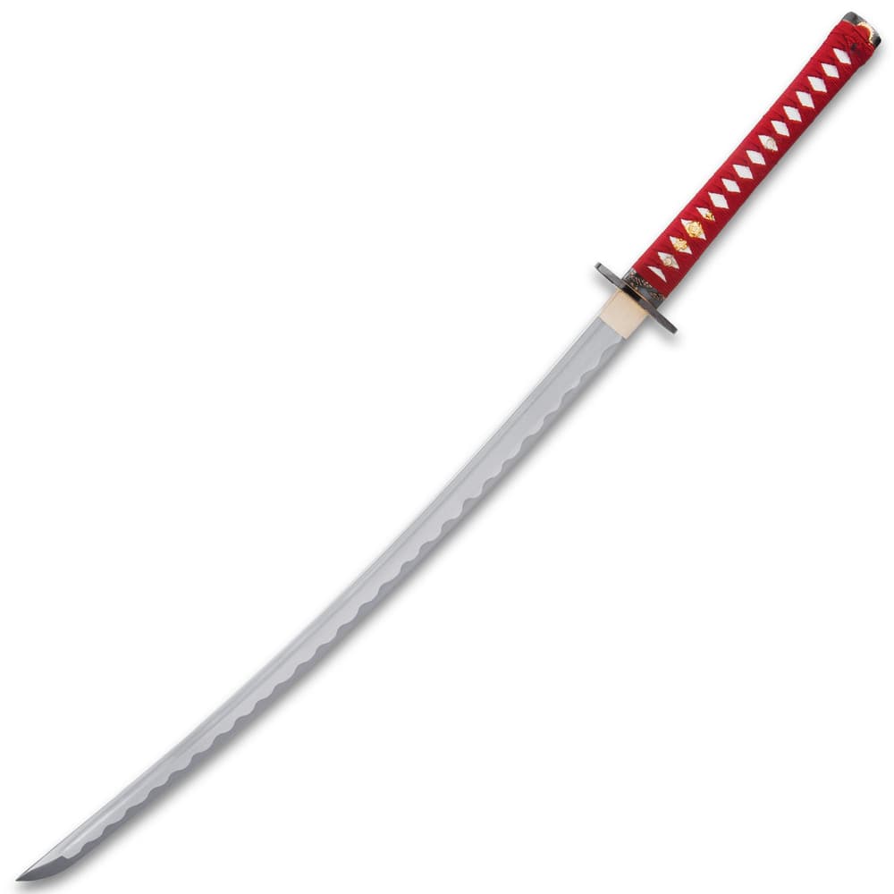 The full-tang, razor-sharp sword has a 28”, 1045 carbon steel blade, which extends from a polished brass habaki image number 1