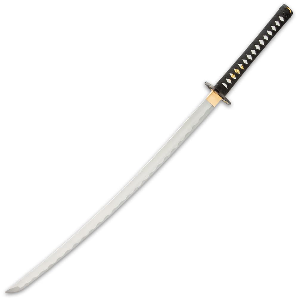 The full-tang, razor-sharp, sword has a 28”, 1045 carbon steel blade, which extends from a polished brass habaki image number 1