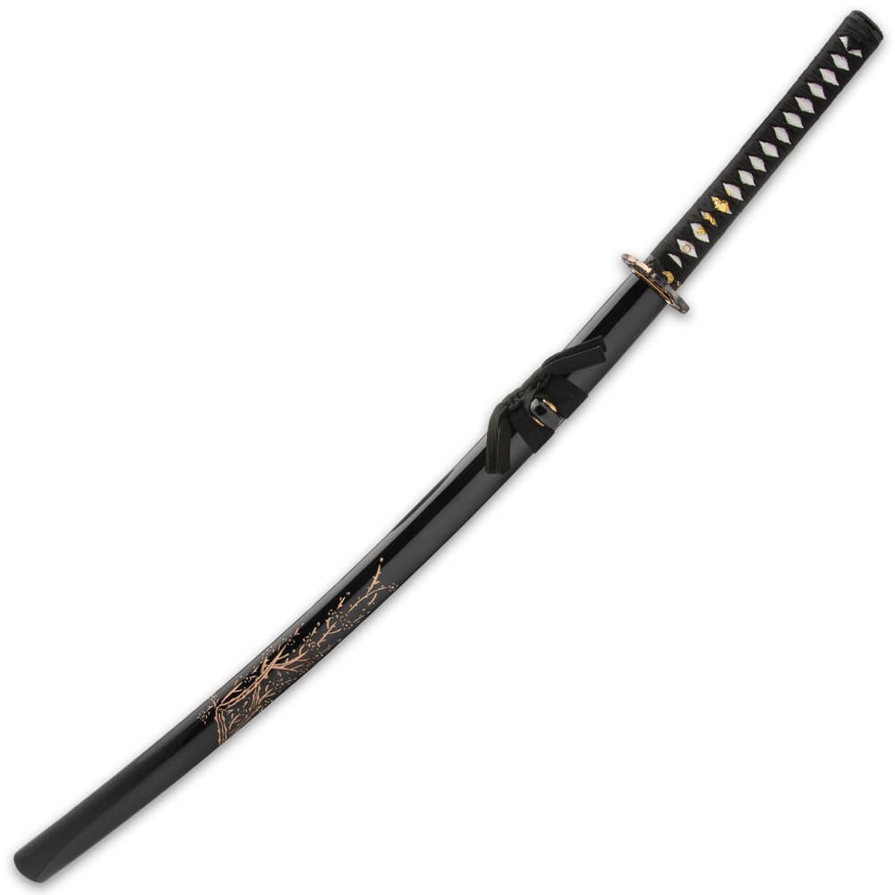 The 41” katana slides into a black lacquered wooden scabbard, accented with hand carved artwork and black cord-wrap image number 1