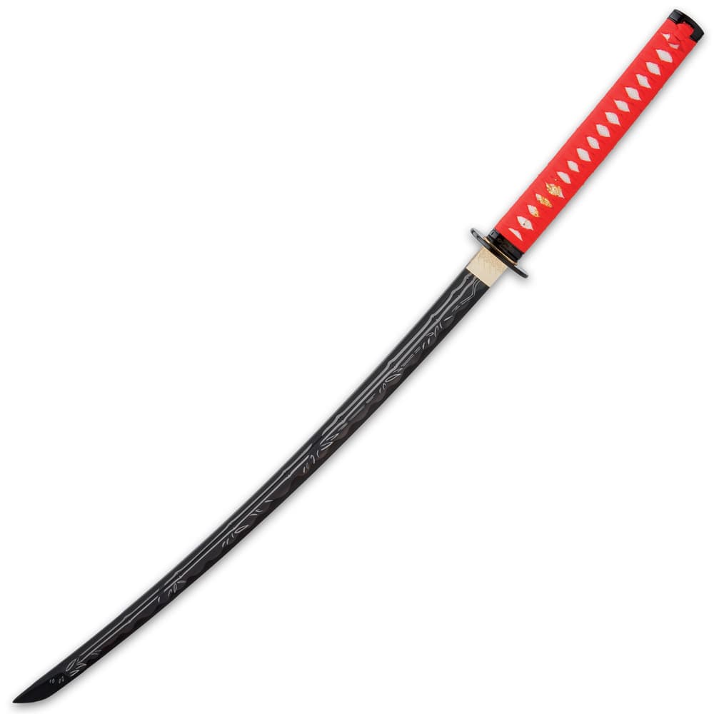 The razor-sharp, sword has a 28”, black 1045 carbon steel blade with laser-etching and it extends from a brass habaki image number 1