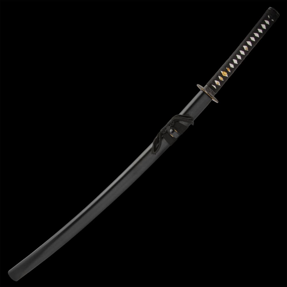 The 41 7/10” overall katana slides smoothly into a matte black, wooden scabbard with a black cord-wrap accent image number 1