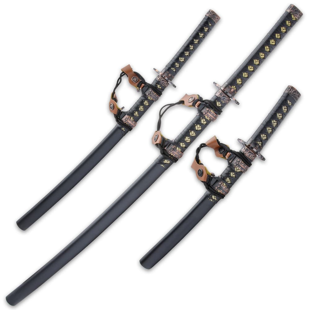 Each sword has a black painted, wooden scabbard with a black cord and leather sword hanger and a wooden display stand is included image number 1