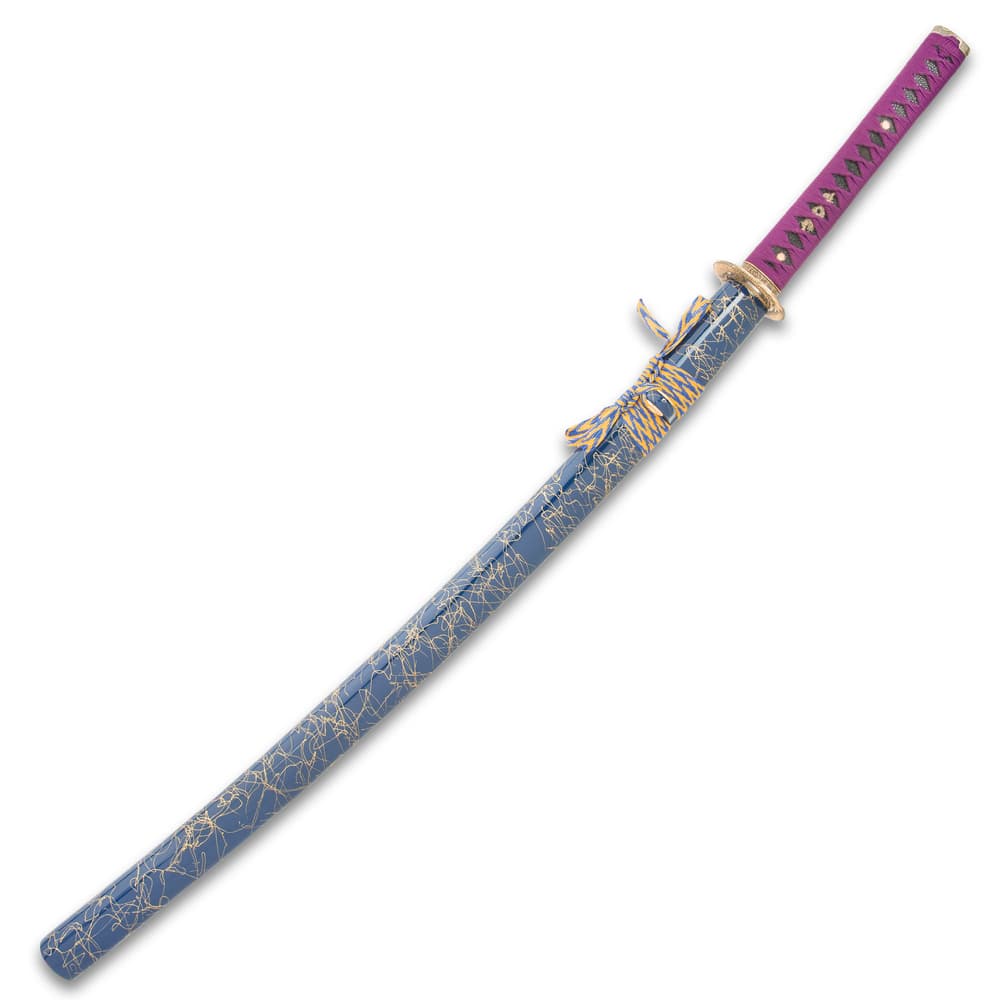 The 41” overall katana slides securely into its purple, spatter-painted wooden scabbard with purple and yellow cord-wrap image number 1