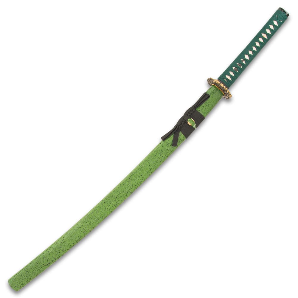 The 41” overall katana slides securely into its green splatter-painted wooden scabbard with a black cord-wrap accent image number 1
