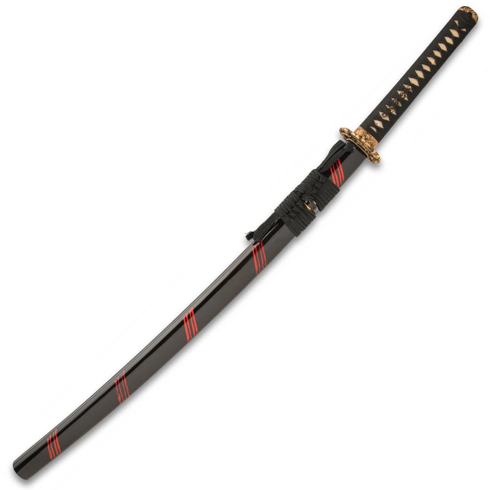 The 41” overall katana slides securely into a black lacquered wooden scabbard, which has red band accents image number 1