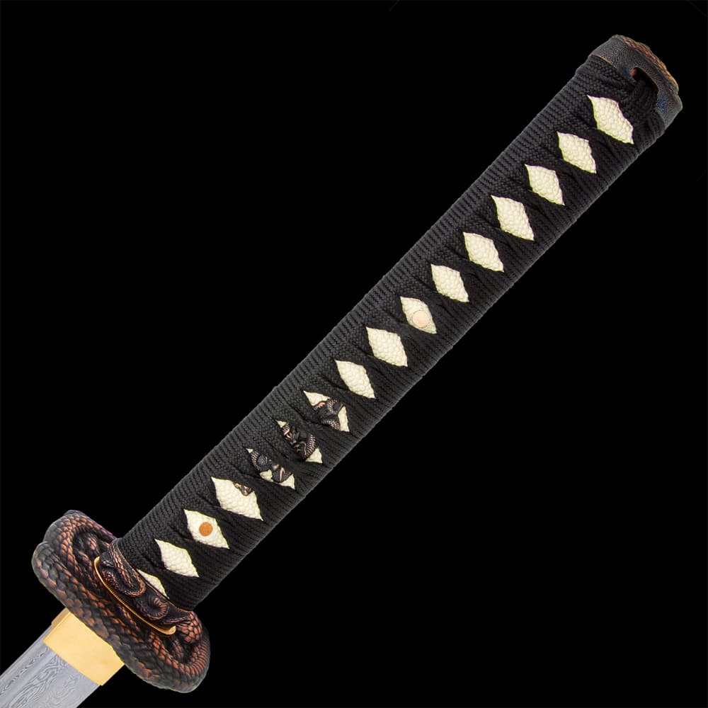 Katana hardwood handle wrapped in black cord and white faux rayskin with menuki and snake designed tsuba image number 1