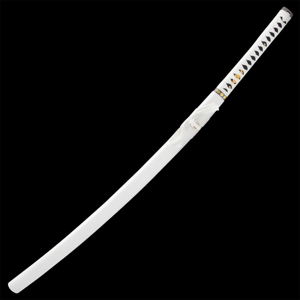 The 39 1/2” overall katana slides smoothly into a white lacquered, wooden scabbard, which also holds the small knife image number 1