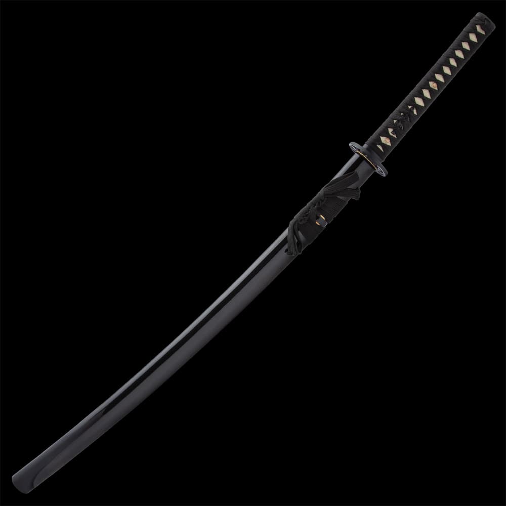 The 41 1/2” overall katana slides smoothly into a black lacquered scabbard, which has decorative, black cord-wrap image number 1