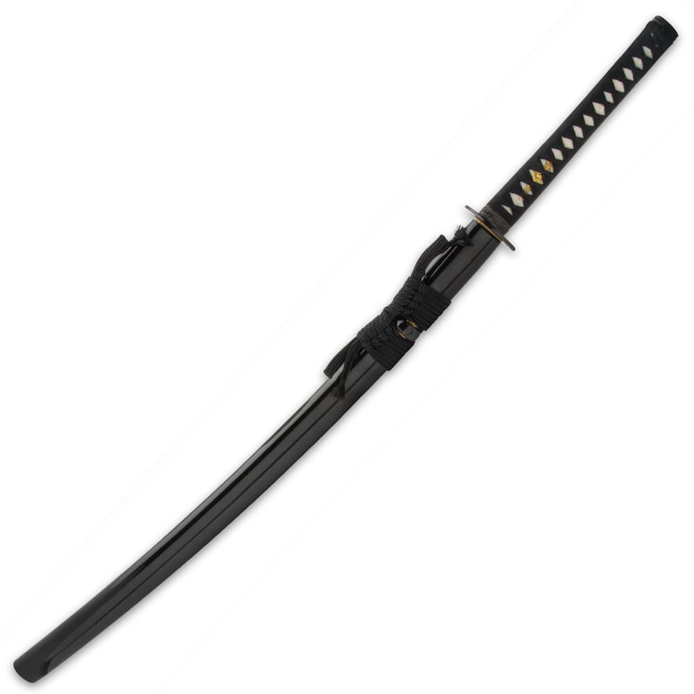 The 41 7/10” overall katana slides into its black, lacquered wooden scabbard, which has black cord-wrap accents image number 1