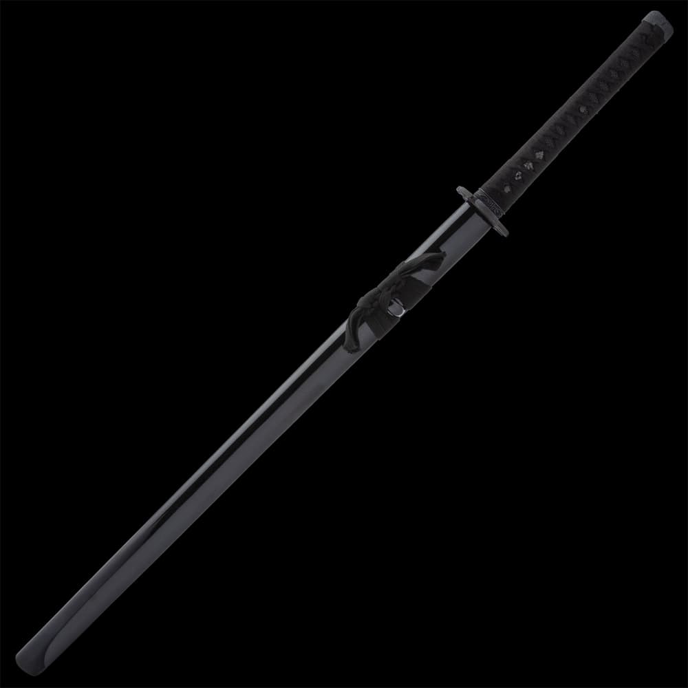 The 40” overall katana slides smoothly into a black lacquered, wooden scabbard with black cord-wrap accents image number 1