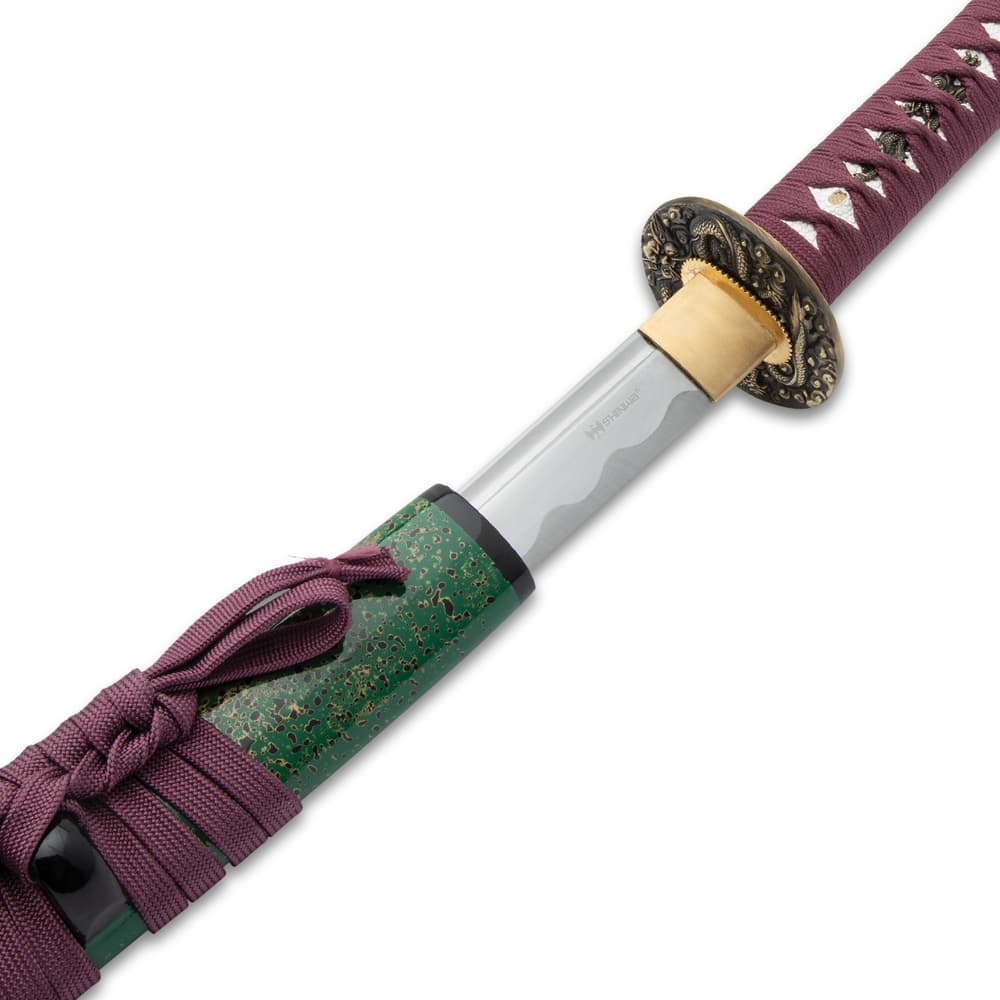 Full image of the Hand Forged Dragon's Embrace Katana and scabbard with part of the sword out of the scabbard. image number 1