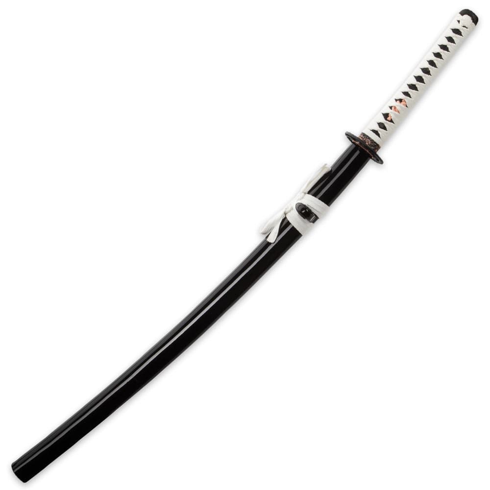 The black lacquered scabbard has a white hanging cord that matched the white cord wrapped handle. image number 1