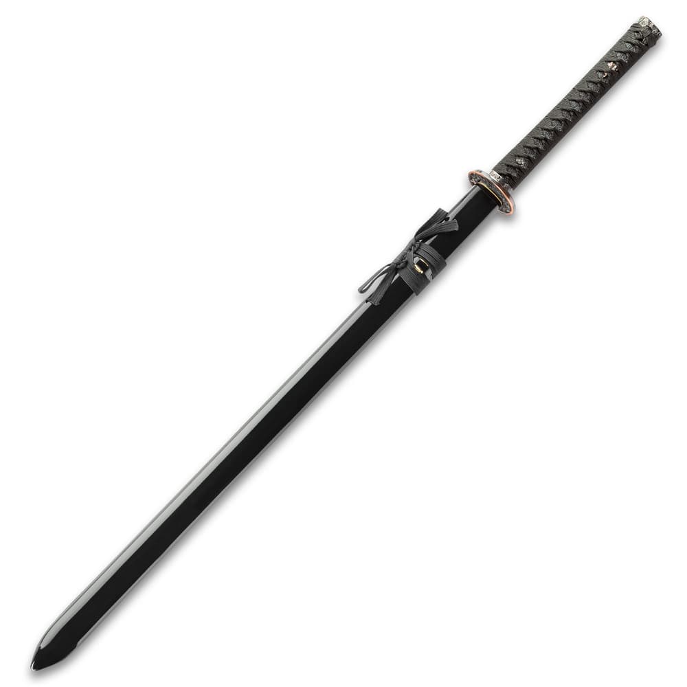 The wooden scabbard with lacquered black with black hanging cord. image number 1