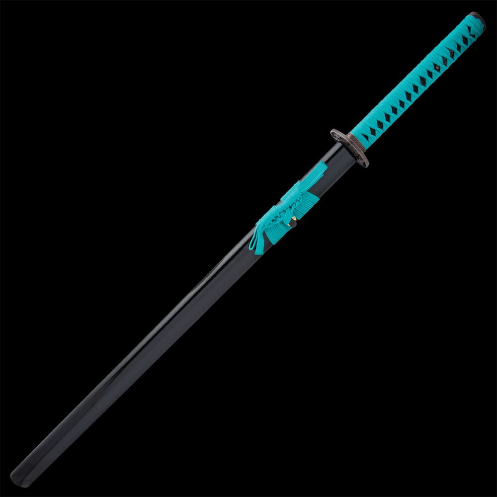 The black lacquered hardwood scabbard has a teal blue hanging cord which matches the cord wrapped around the handle. image number 1