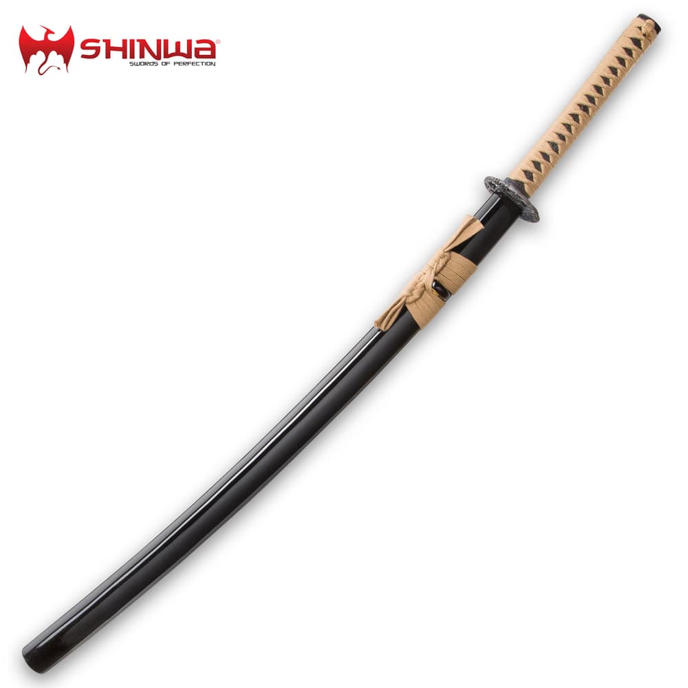 Full view of shinwa katana sword in black hardwood scabbard with tan knitted cord tied and matching handle cord image number 1