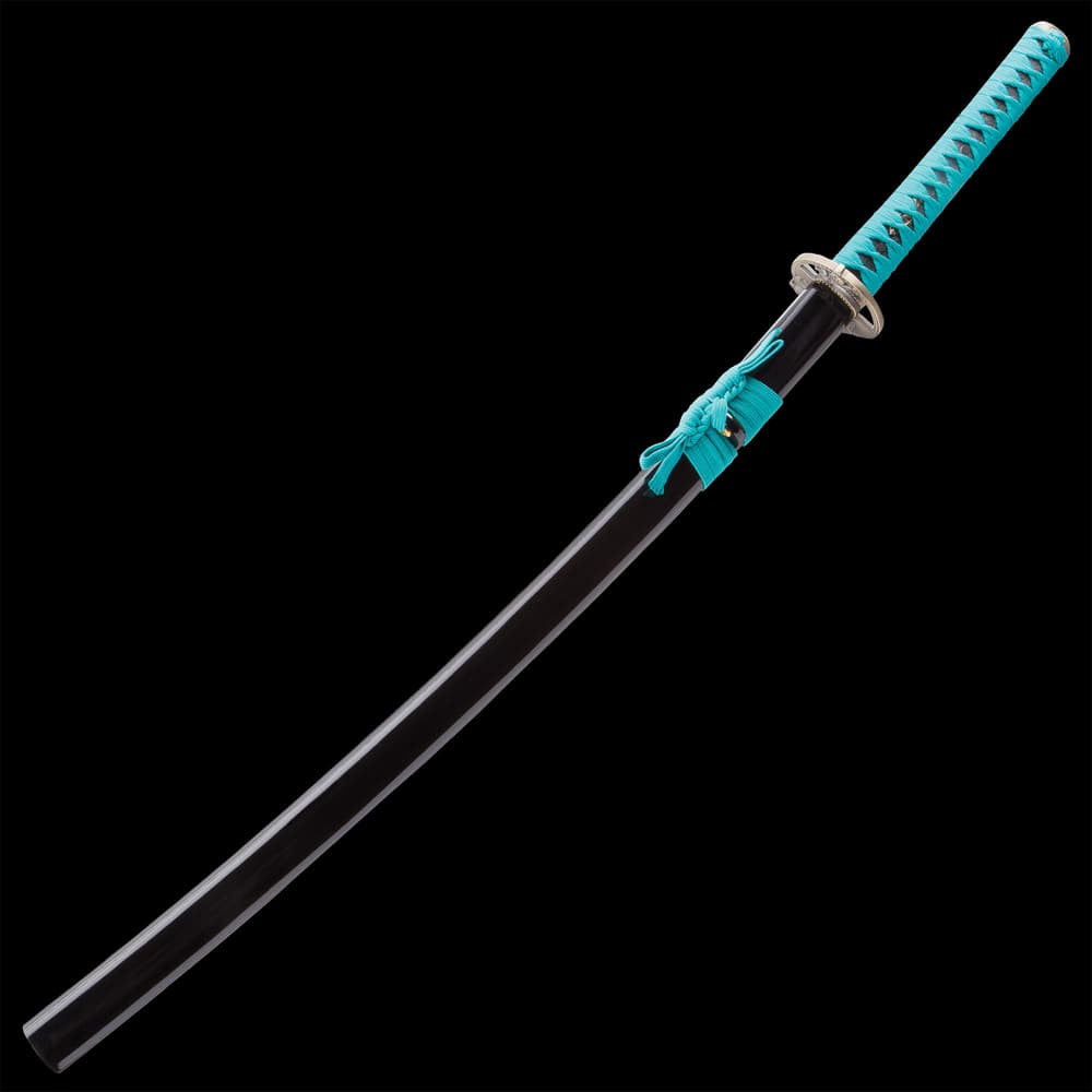 The black hardwood scabbard has teal hanging cord that matches the cord wrapped around the katana handle. image number 1