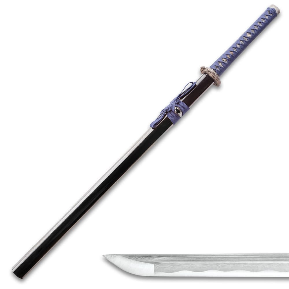 Shinwa Blue Knight Handmade Katana / Samurai Sword - Hand Forged Damascus Steel, More Than 1,000 Layers - Distinctive Custom Cast Tsuba - Faux Ray Skin - Functional, Battle Ready, Full Tang image number 1