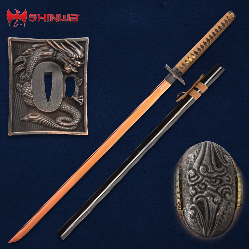 The full dragon tsuba is shown alongside the katana with copper colored blade and black lacquered wooden scabbard. image number 1